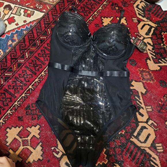 Secret Lace Black Sequins Sexy Bodysuit Sz M NWT - Picture 2 of 5